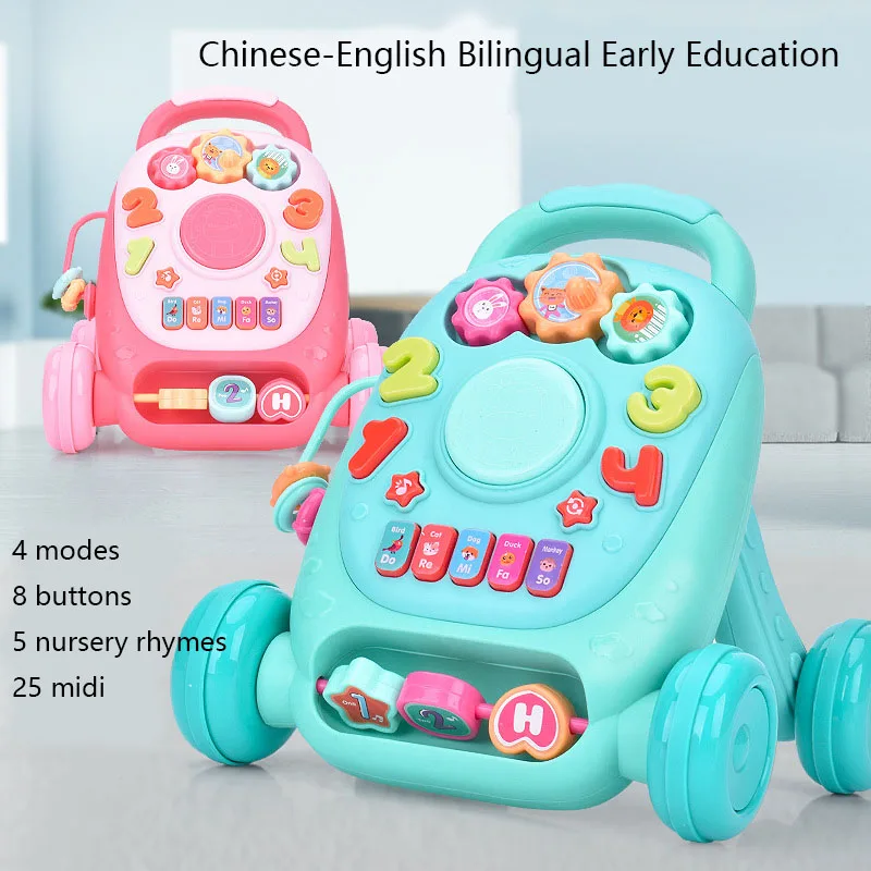 New Mini Trolley Toys Multifunctional Hand Drum Music Bilingual Education Machine Musical Walker Kids Early Learning Toy Gifts