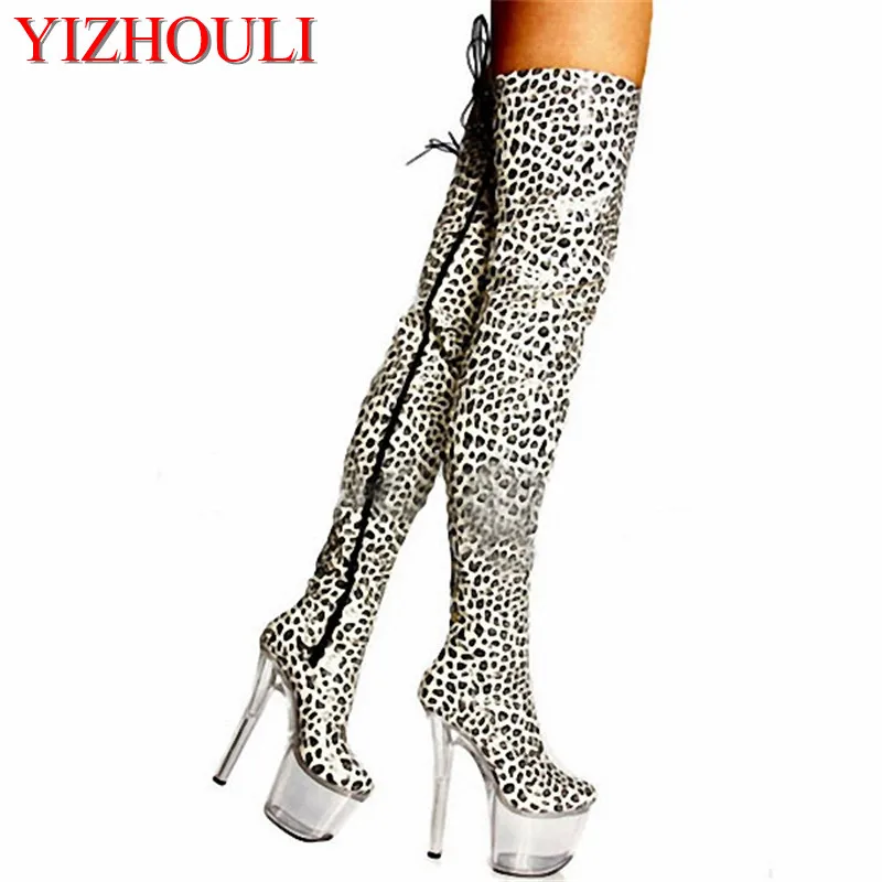 

Sexy 20cm leopard print leather knee-high heels, 8-inch platform thigh-high thigh-high motorcycle boots