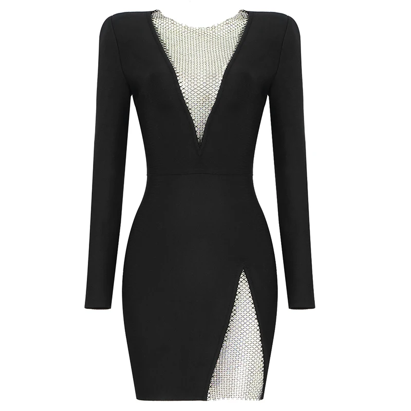 

2021 New Arrival Bandage Dresses Black Long Sleeve O Neck Long Sleeve Beading Sexy Party Club Celebrity Elegant Women Dress