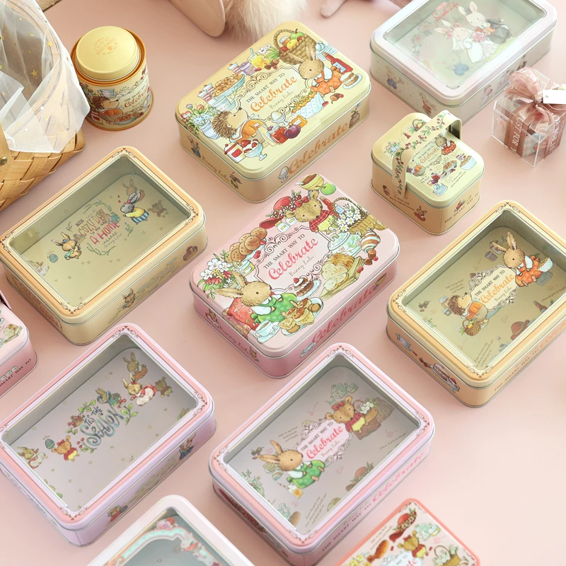 Cartoon Rabbit Rectangular Film Sunroof Tinplate Box Big Egg Roll Cookie Baking Packaging Box For Home Decortion Storage Box