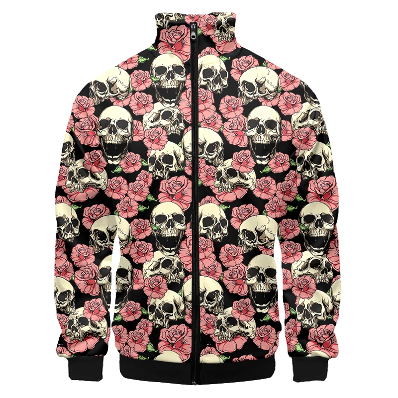 Black white flower skull  Men Oversize Tracksuit Zip Up Hoodie High collar jacket Vintage Weatshirt Hoodies Cycling Jacket 4XL