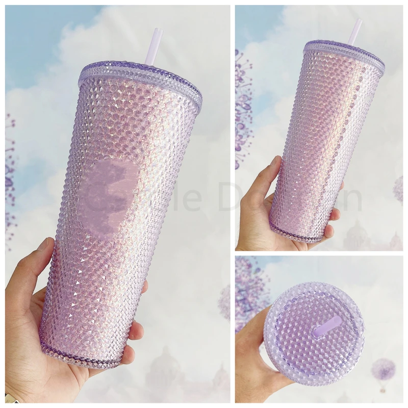 Double-Layer Durian Cup Diamond Radiant Goddess Straw Cup Coffee Cup Summer Cold Cup Tumbler 710ml/24oz NEW Durian Cup Mug 710ml