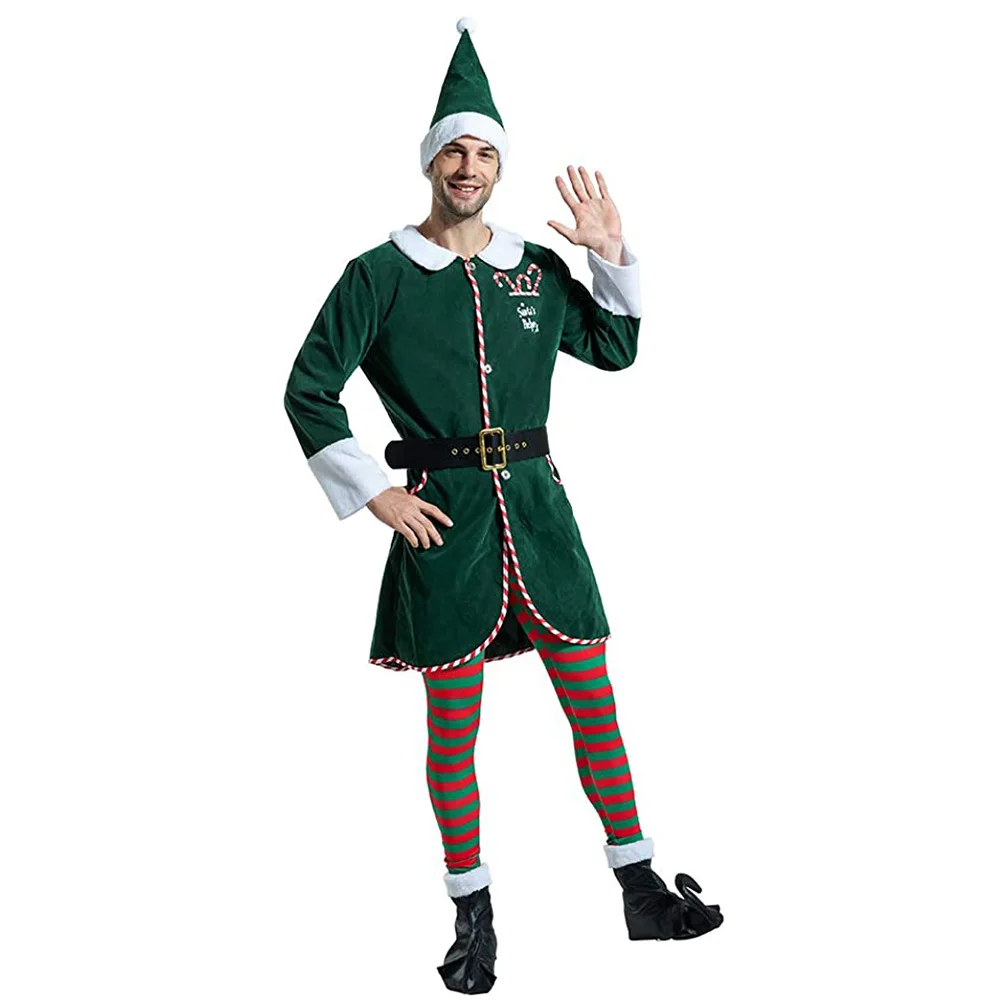 Snailify  Deluxe Adult Christmas Elf Costume Men Santa Claus Helper Workshop Elf Suit  Green Outfit Top Legging Hat Boots