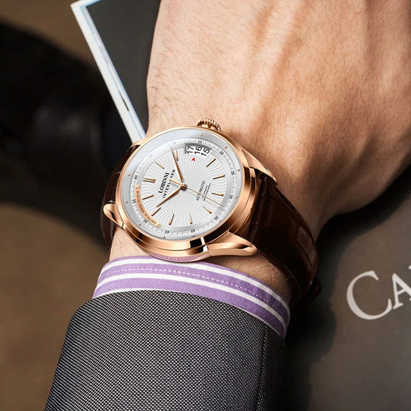 LOBINNI ساعة رجالية فاخرة الياقوت 50 متر مقاوم للماء ساعات آلية أوتوماتيكية احتياطي الطاقة 80 ساعة ساعة يد عالية الجودة