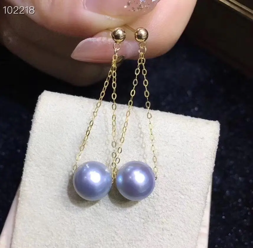 

Серьги с жемчугом D801, Изящные Ювелирные изделия, твердые круглые серьги-подвески из 18-каратного золота 8-8,5 мм с пресноводным голубым розовым жемчугом, висячие серьги для женщин
