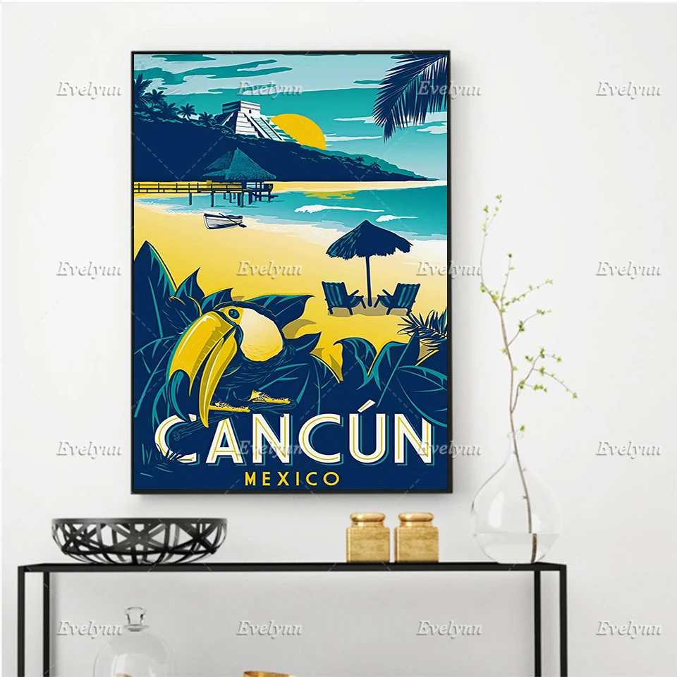 

Cancun Mexico Vintage Travel Poster Living Room Decoration Home Decor Canvas Wall Art Prints Unique Gift Floating Frame