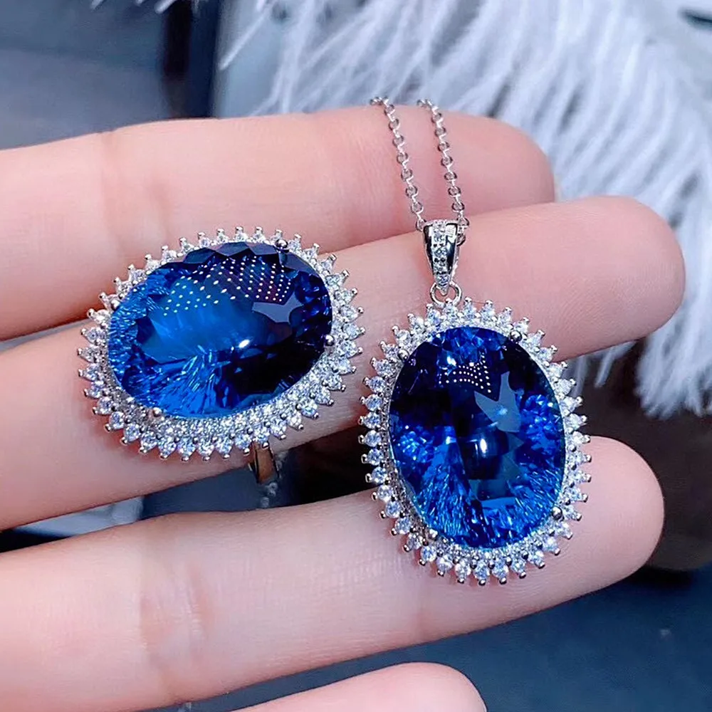 Big Oval 7 Carats Blue Crystal Sapphire Topaz Gemstones Diamond Rings for Women White Gold Silver Color Party Jewelry Bague Gift