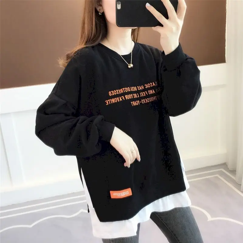 2024 New Spring Autumn Pullover Women\'s Thin Loose Korean Style Fake Two-piece Blouse Clothes Letter Printing Sweatshirt Women