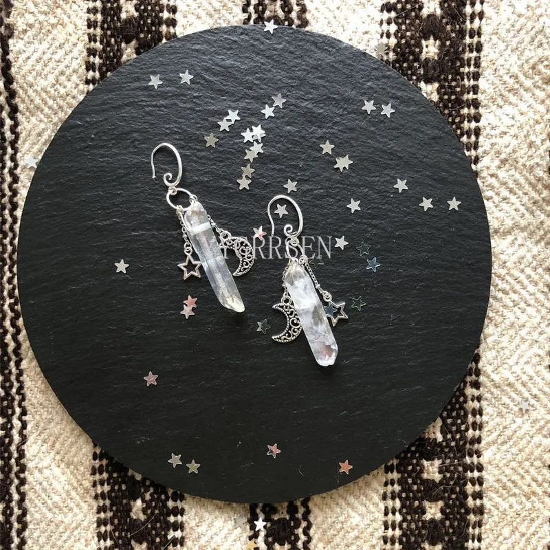 Witch Raw Crystal with Moon and Stars Earrings Witchy Dangle Jewelry Celestial with Healing Quartz Bohemia Jewelry Women Gift