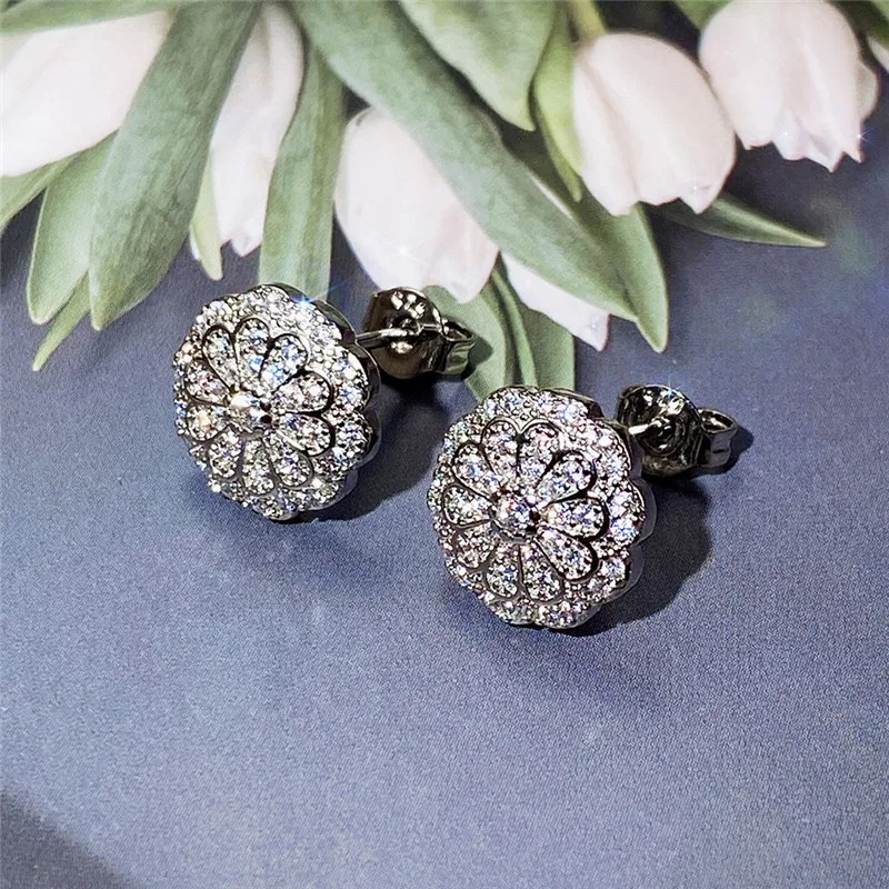 Huitan Dainty Flower Stud Earrings Bling Bling Cubic Zirconia Ear Piercing Earrings for Women Delicate Wedding Fashion Jewelry