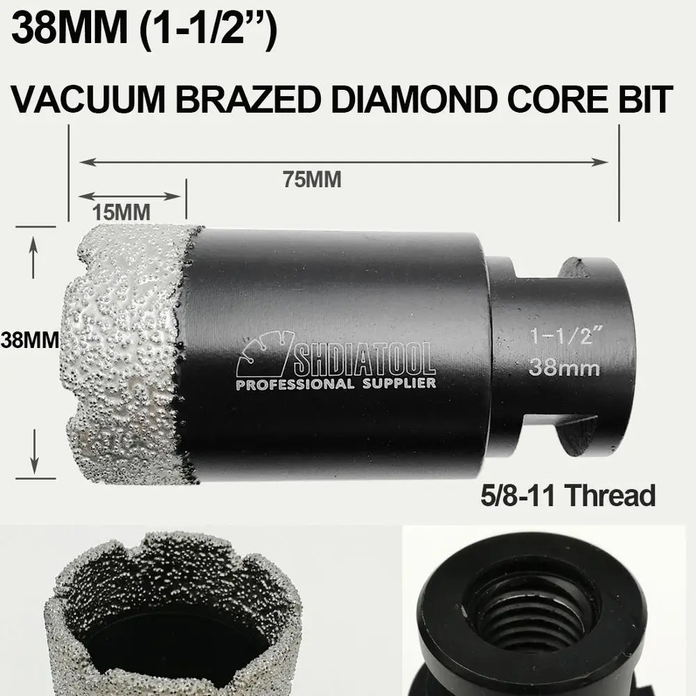 SHDIATOOL  2pcs 1-1/2" Vacuum brazed diamond Dry drilling core bit 38mm 5/8-11 thread porcelain tile marble Masonry hole saw 