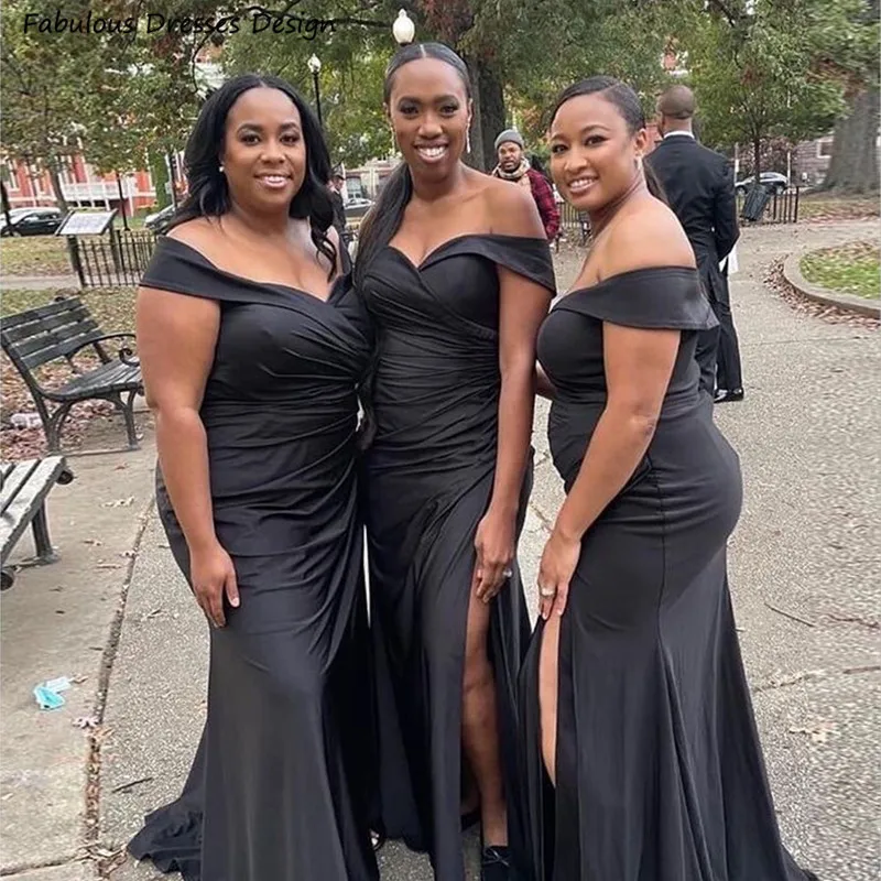 

Black Off Shoulder Bridesmaid Dresses With Split Long Mermaid Pleat Wedding Party Dress Sweetheart Neck Maid Of Honor