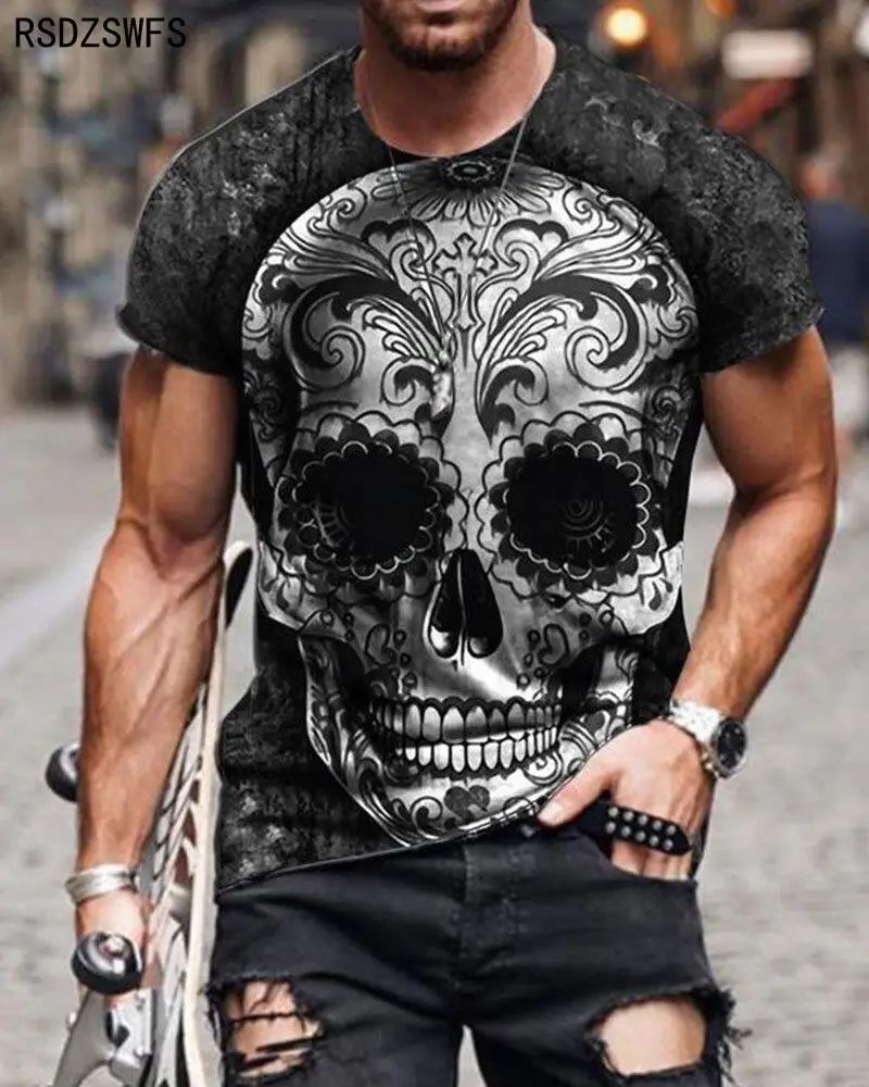 New zombie pattern men\'s T-shirt, 3D printed summer breathable top, oversized casual personality skull T-shirt for men.