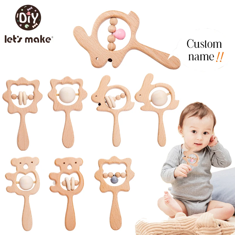 Let's Make Wooden Rattle Beech Bear Hand Teething Wooden Ring Baby Rabbit Rattles Play Gym Montessori Custom Educational DIY Toy