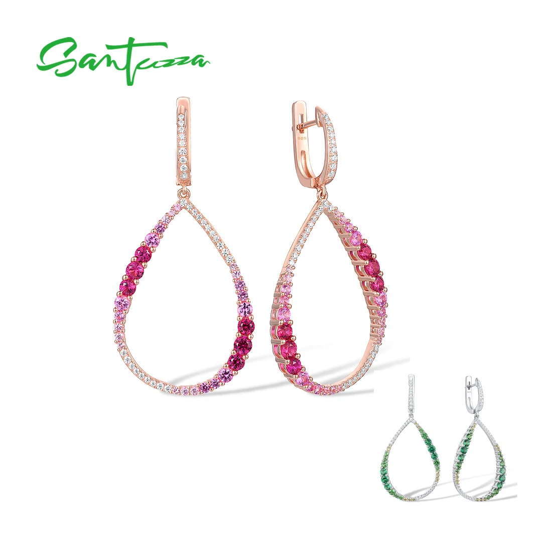 

SANTUZZA Pure 925 Sterling Silver Earrings For Women Sparkling Gradual Pink Red Stones White CZ Dangling Earrings Fine Jewelry