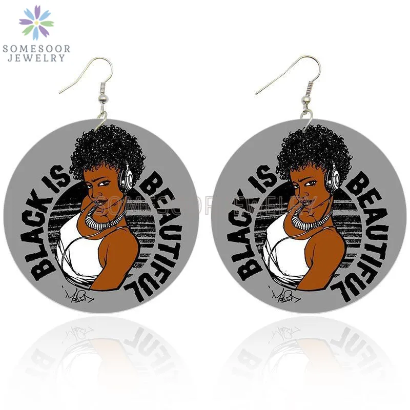 SOMESOOR Black Is Beautiful AFRO Art Printed Wooden Drop Earrings Cool Girl Melanin Curls Hair Designs Dangle For Women Gifts