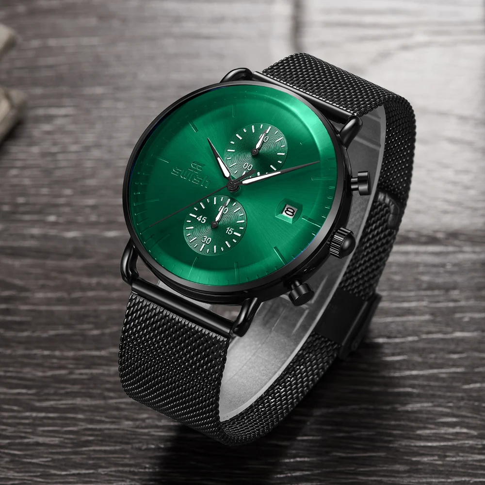 Creative Designer Brand Quartz Watches Men Stainless Steel Black Green Chronograph Sports Watch Waterproof Minimalist Clock 2020