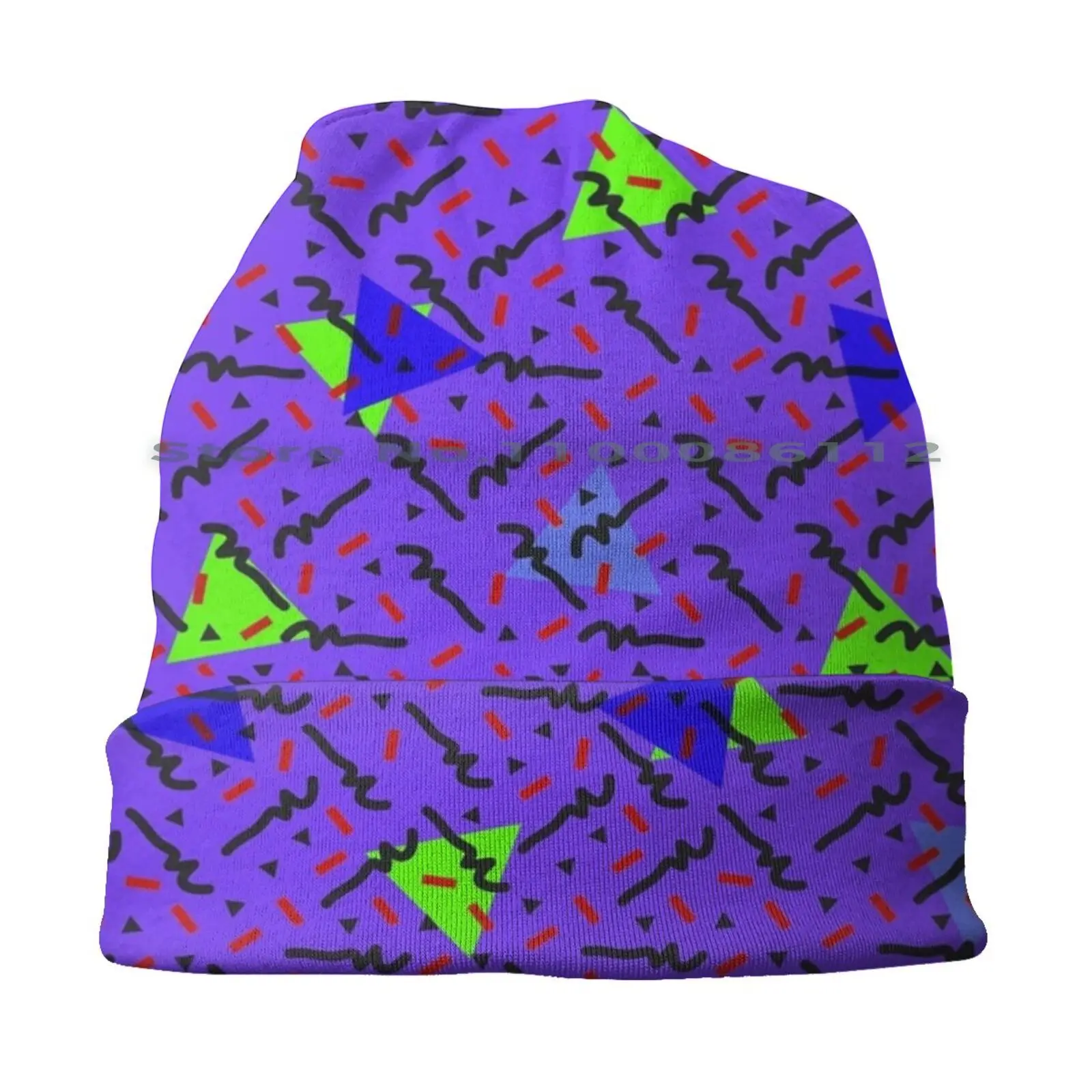 90s Retro Full Block Print Beanies Knit Hat Retro Reptar Disco 90s Neon Rad Purple Lime Green Blue Squiggles Hugs Cats Dogs Red