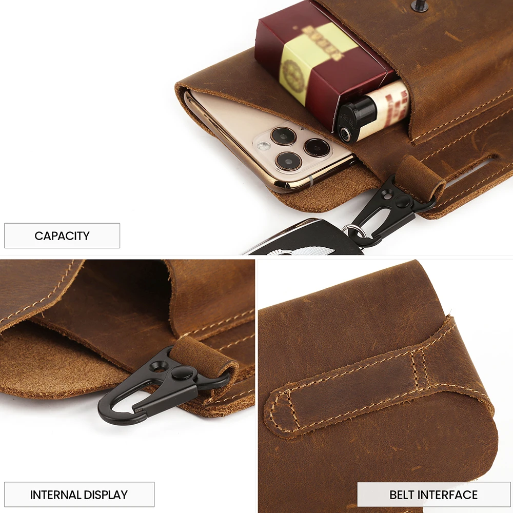 JOYIR Vintage Crazy Horse Leather Waist Pack for Men Multifunction Tool Sports Outdoor Cellphone Holster Belt Man Waist Bag