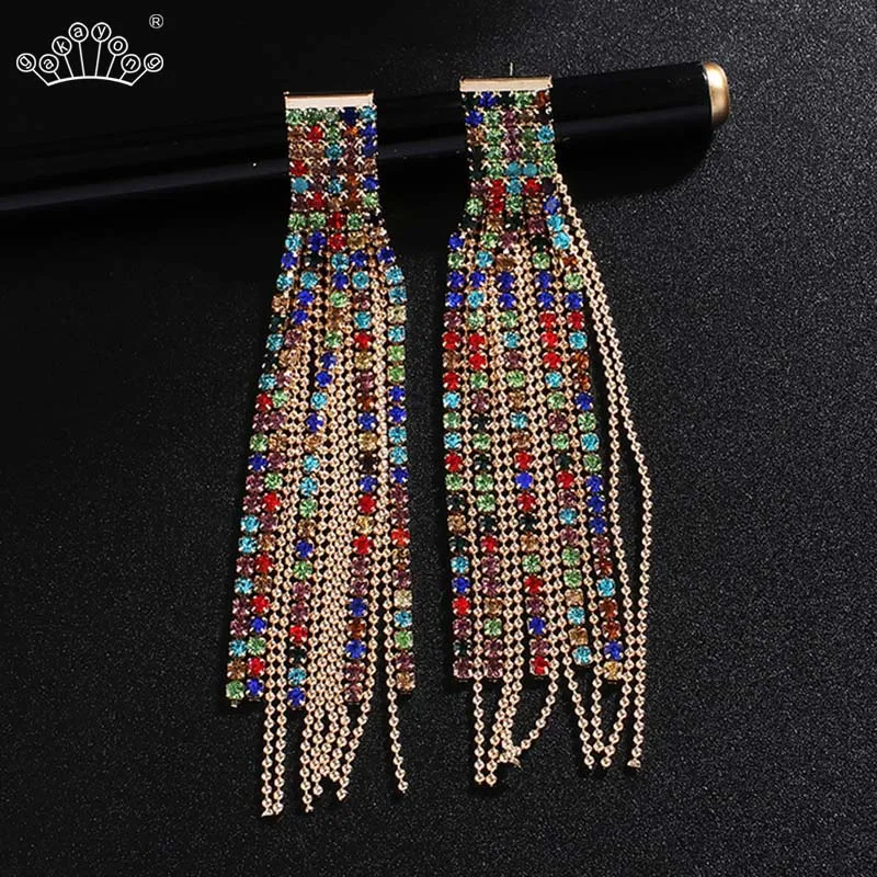 Fashion Kristal Rumbai Pernikahan Anting-Anting untuk Wanita 2019 Statement Anting-Anting Multi Warna Drop Anting-Anting Panjang Prom Pesta Hadiah Perhiasan