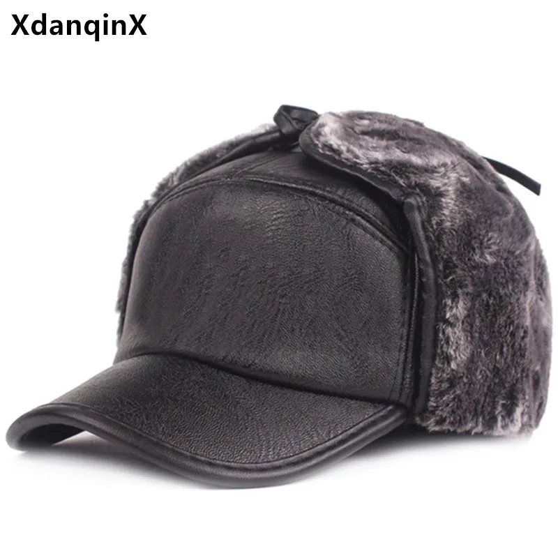 XdanqinX Men's Winter Warm Hat Thick Fluff Bomber Hats Snapback Cap Male Bone Ski Cap Thermal PU Imitation Leather Earmuffs Caps