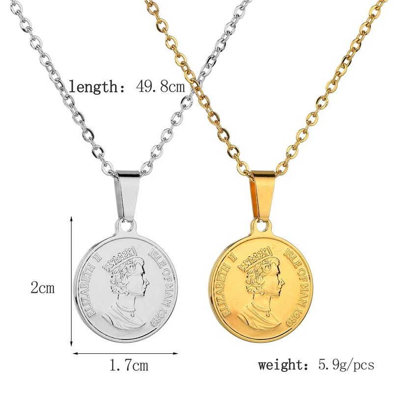 AsJerlya Stainless Steel Women Necklace Gold Color Pound Elizabeth II, Coins Mujer Collar Choker Vintage Jewelry 2021 New