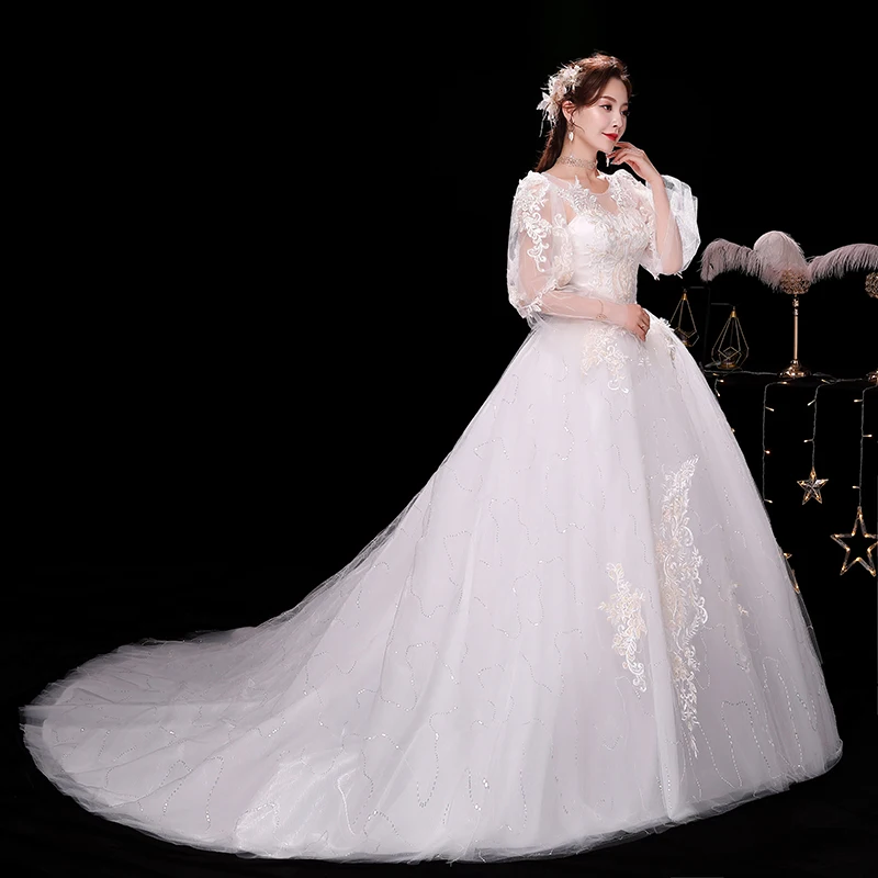 Luxury Trailing Wedding Dress Lace Up Bride Simple Dream Long Sleeve Train Wedding Dresses Bridal Embroidery Dresses Ball Gowns