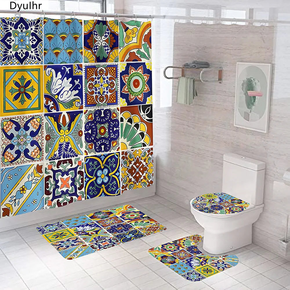 Bathroom Accessories Bohemian Printed Polyester Waterproof Shower Curtain Toilet Seat Mat Floor Mat Bathroom Kit DyuIhr