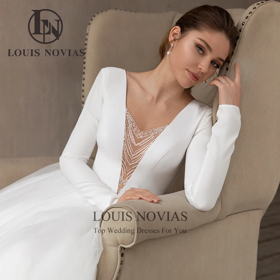 

LOUIS NOVIAS New Arrival Simple Backless A-Line Bridal Gown Beading Crystal Deep V-Neck Bride Vestido De Novia
