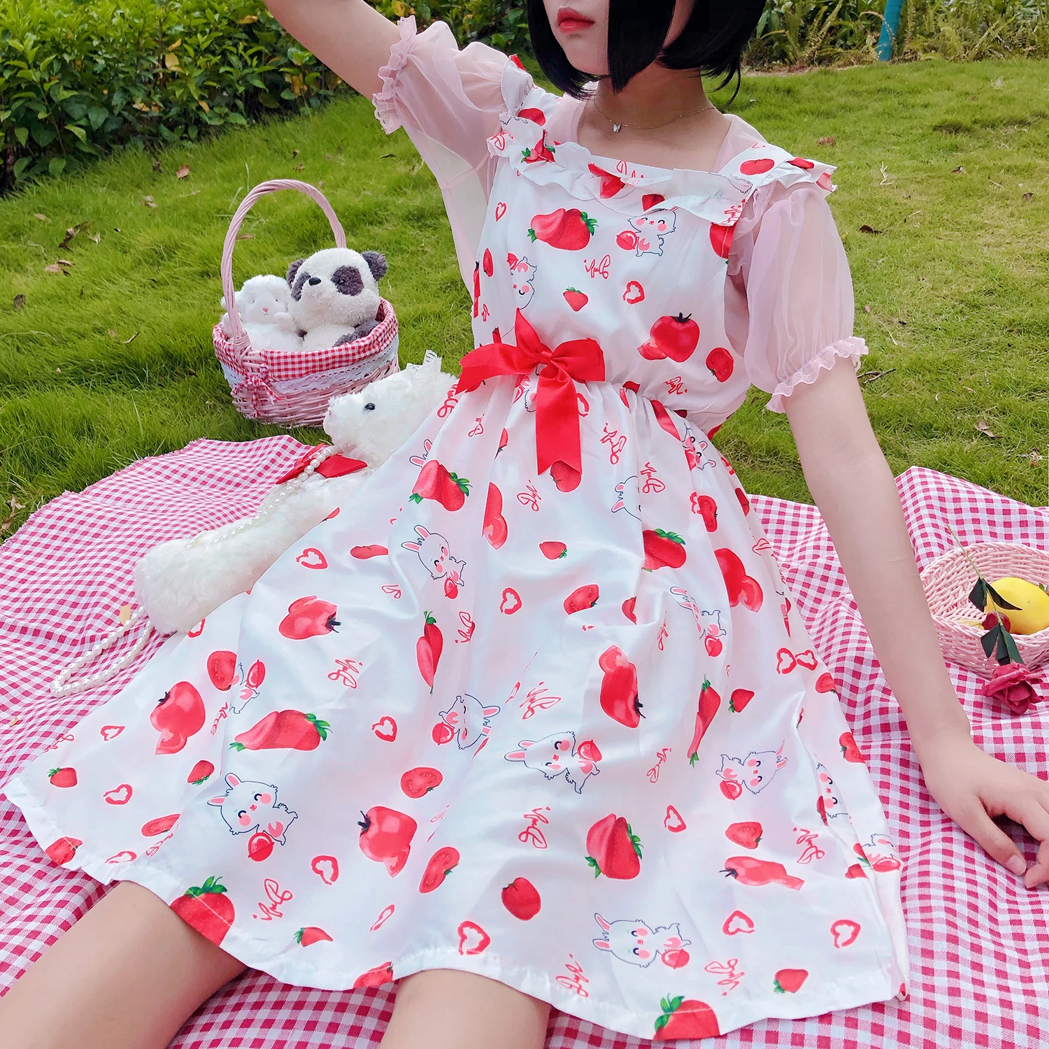 Women's Japanese-Style  Sweet Cartoon Strawberry Rabbit Printed Waist fairy dress  tea party  lolita dress  sweet lolita doll