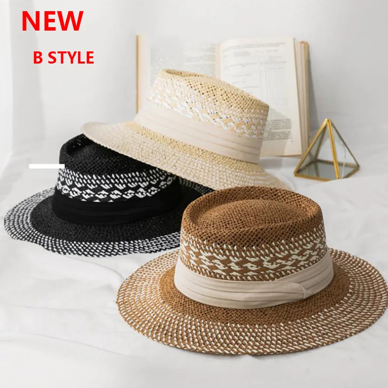 2021 New Handmade Straw Beach Hat For Women Summer hat Panama Cap Fashion Concave Flat Sun Protection Visor Hats Wholesale