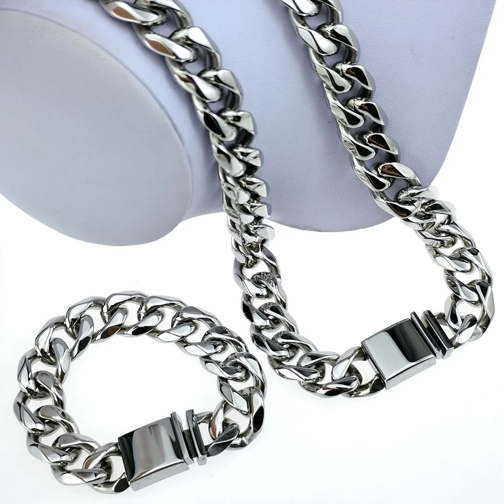 Wholesale Drop Shipping Stainless Steel Miami Curb Chain Set Bracelet Necklace jewelry for men women boy girls