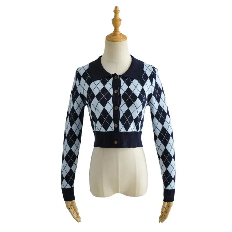 Cardigans Women Argyle Turn-down Collar Casual Long Sleeve Sweet Cropped Feminine Sweater Retro Student College Knitwear Ulzzang