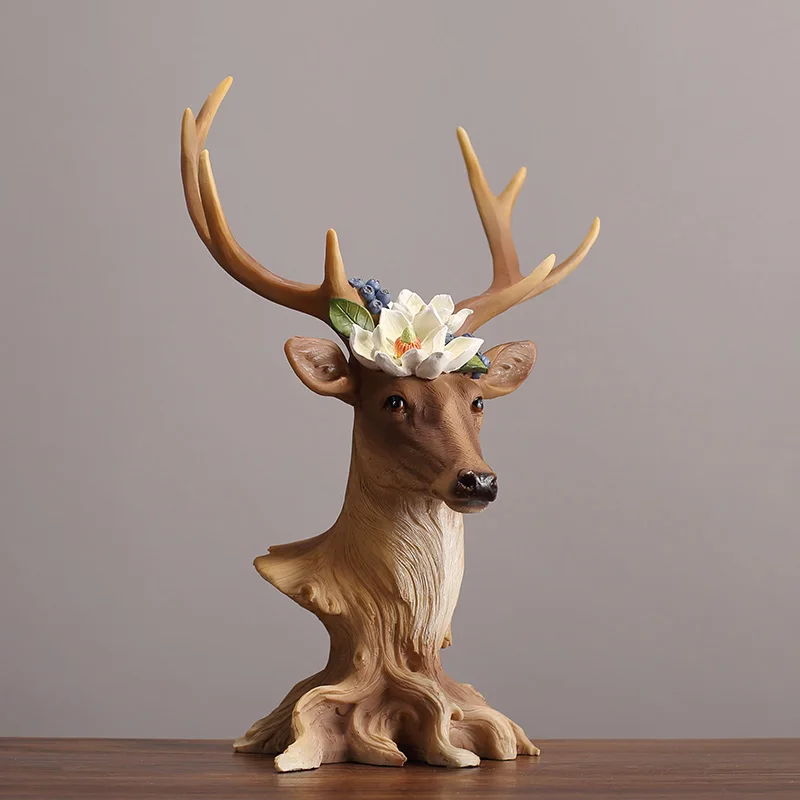 CHINESE CREATIVE LUCKY FENGSHUI DEER HEAD RESIN ORNAMENTS CRAFTS HOME FURNISHING LIVINGROOM TABLE FIGURINES DECORATION CAFE ART