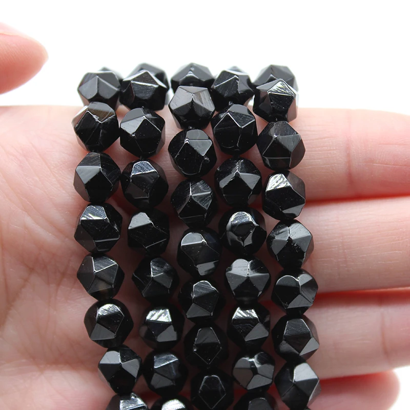 Natural Faceted Black Agates Onyx Stone Spacers Loose Round Beads DIY Earrings Bracelet for Jewelry Making 15\