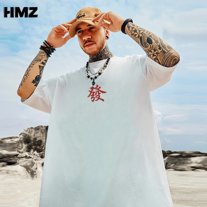 HMZ T Shirt Mens Hip Hop Chinese Characters Tshirt Streetwear Summer Cotton Harajuku T-Shirts Short Sleeve Tops Tees Street Wear