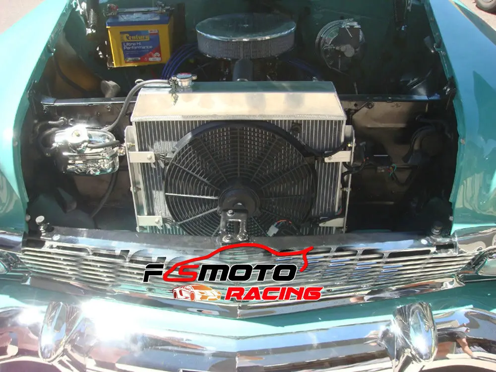 Der 3-REIHE Alu-Kühler & Lüfter für Chevrolet Chevy Bel-Air V8 SBC mit Transmissionskühler – Der ultimative Leistungskühler für 150/210 Modelle
