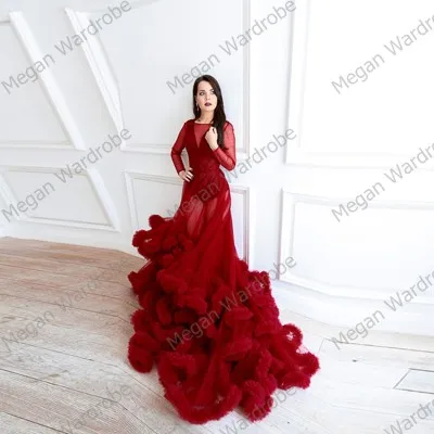 Sexy Red Frauen Sheer Sehen Durch Lange Tüll Kleider Puffy Rüschen Röcke Langen Ärmeln Kleid Für Frauen Party Kleid vestidos