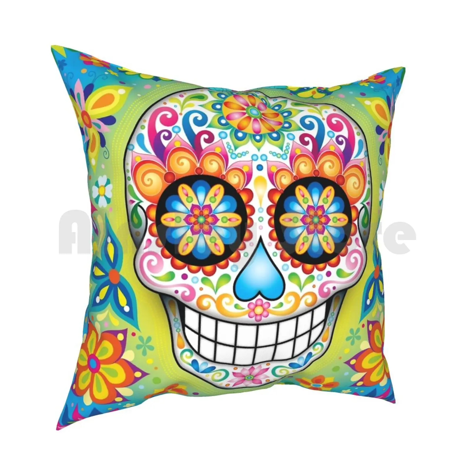 Colorful Sugar Skull Day Of The Dead Art Pillow Case Printed Home Soft Throw Pillow Sugar Skull Day Of The Dead Dia De