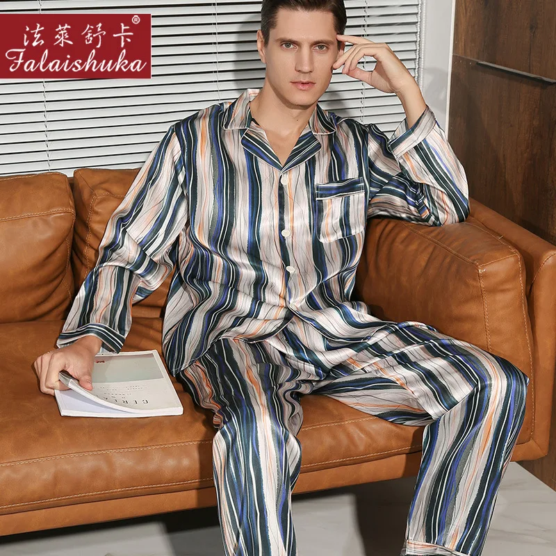 19 momme pure silk Striped men pajama sets sleepwear new 100% natural silk Long sleeve fashion sleepwear men T9074