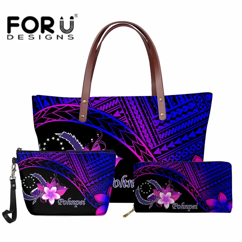 

Purple Pohnpei Tribe Plumeria Pattern Shoulder Bag for Women Luxury 3Pcs/Set Tote Kakau Polynesian Handbag&Purse Large Capacity