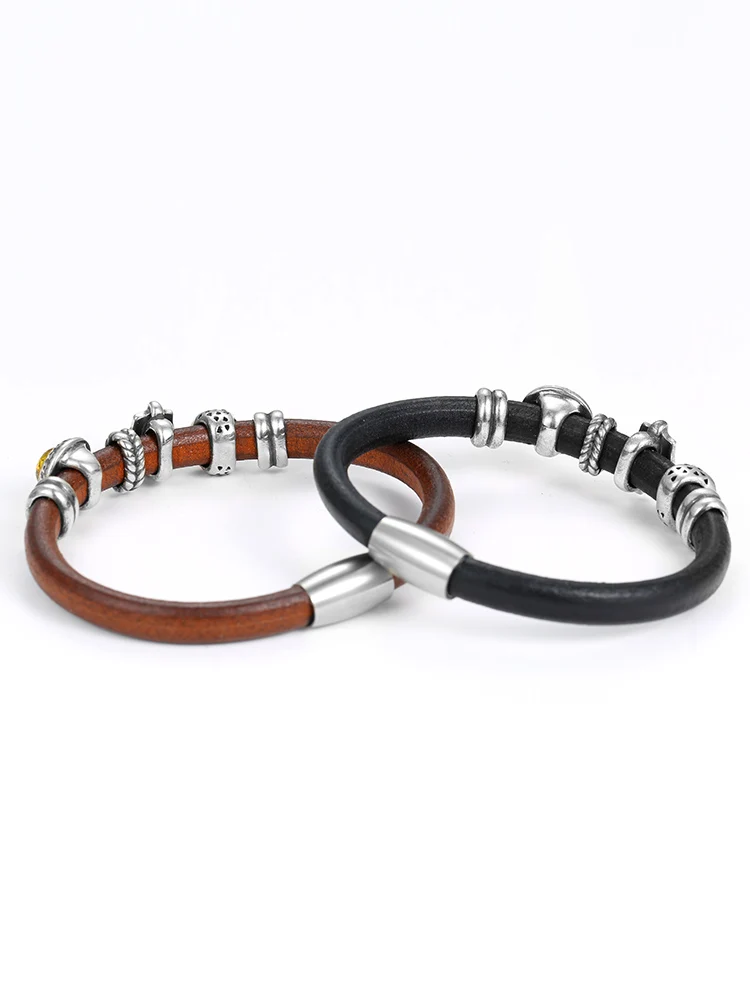 ruibeila classique en cuir véritable bracelet en argent 925 ambre noir agate noir pierre précieuse boucle magnétique bracelet