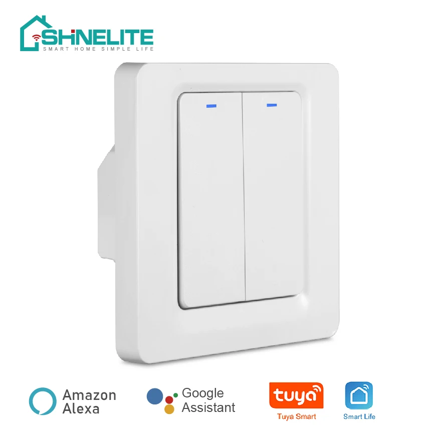 EU UK Tuya Smart Wifi Light Switch , 2 gang Push Button Panel Wall Switch 100-240V,  Works with Alexa and Google Home