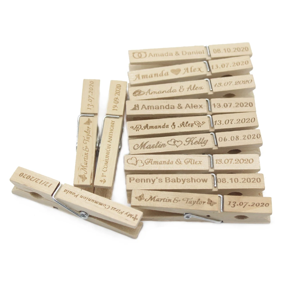 50Pcs Personalized Wood Rustic Clothespins Wooden Clothes Pins Customized Clothes Pags Clips Wedding Decor Baby Shower Favor