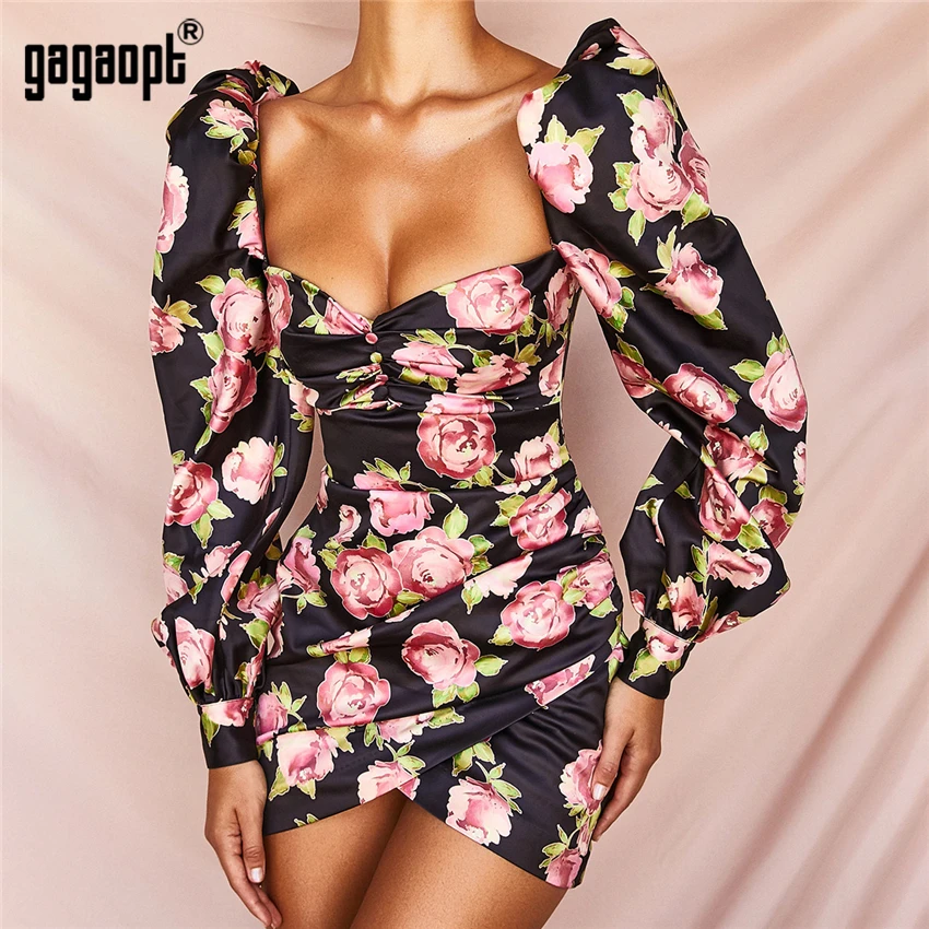 Gagaopt Square Collar Floral Print Sexy Backless Dress Chic Fashion Strapless Button Puff Sleeve Mini Dresses Fall 2021