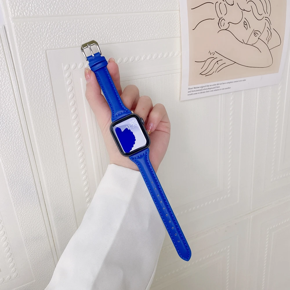 Leather Strap for Apple Watch Band Se7 6 5 4 3 2 1 Trendy Klein Blue Bracelet 38mm 40mm for iwatch Slim Correa 41/45mm 42mm Belt