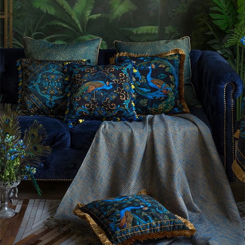 Peacock European Style Pillowcase American Light Luxury Retro Sofa Cushion Bedside Waist Pillow Backrest Tassel Craft Pillowcase