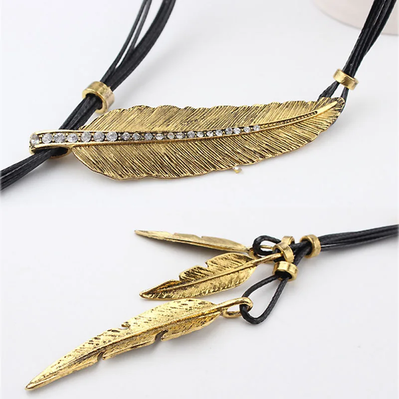 New Bohemian Style Rope Chain Leaf Feather Pattern Pendant For Women Fine Jewelry Collares Statement Necklace EIG88