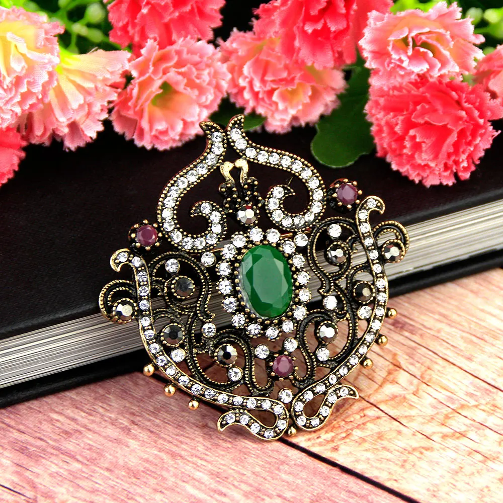 Sunspicems Vintage Turkish Crystal Brooch Pin for Women Hijab Lapel Resin Jewelry Hat Badge Antique Gold Color Bohemia Gift