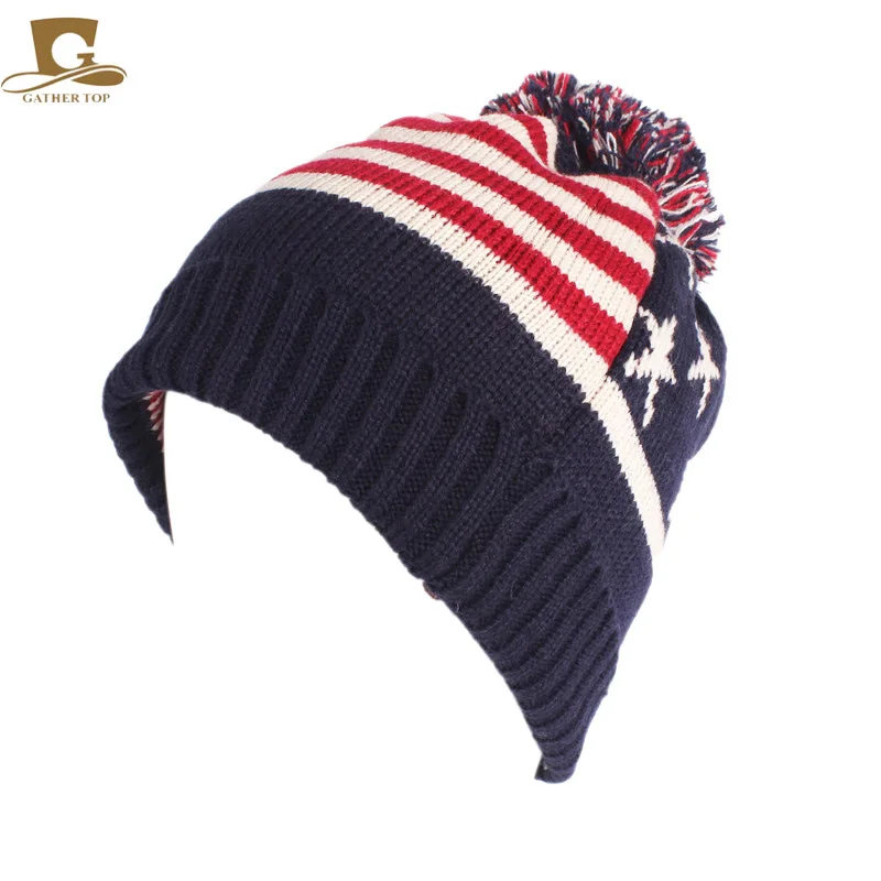 Winter Fur Ball British Flag Knitted Wool Cap TRUMP USA Flag Hat Ear Warmer Cap Crochet Knit Cap Skullies Beanies Warm Caps UK